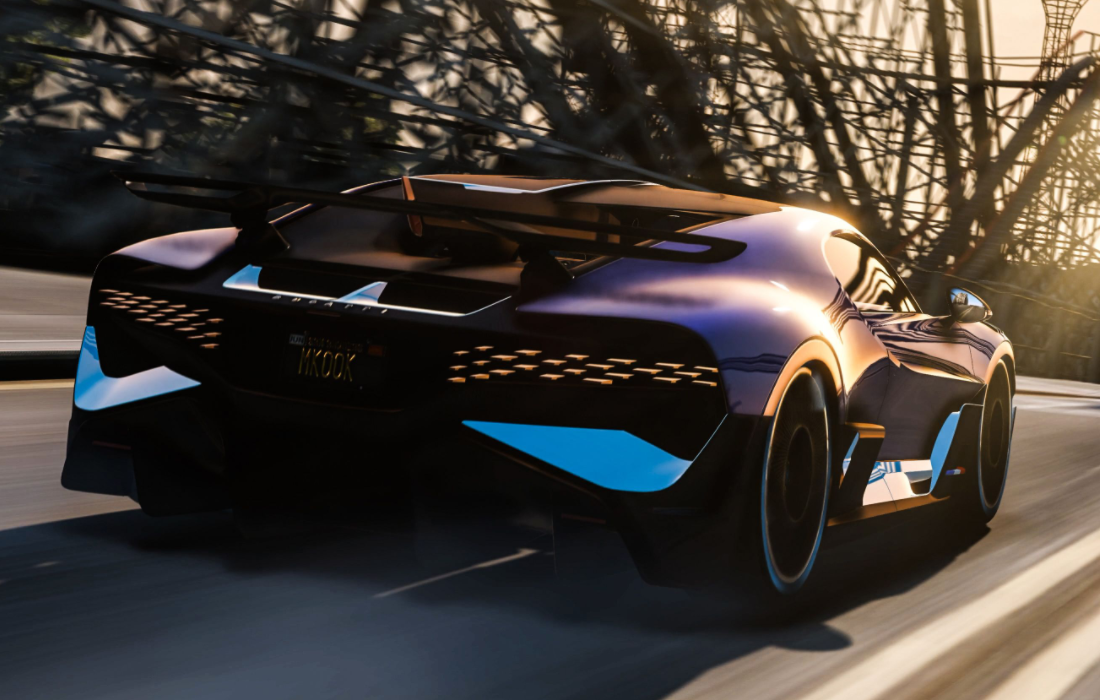 A GTA 5 super car driving over a bridge.